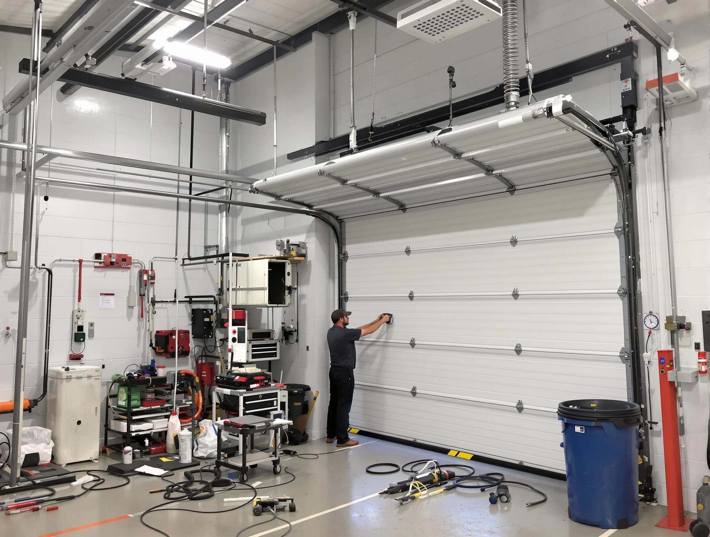 Jupiter Garage Door Repair certified technician performing commercial door repair at a Jupiter business facility