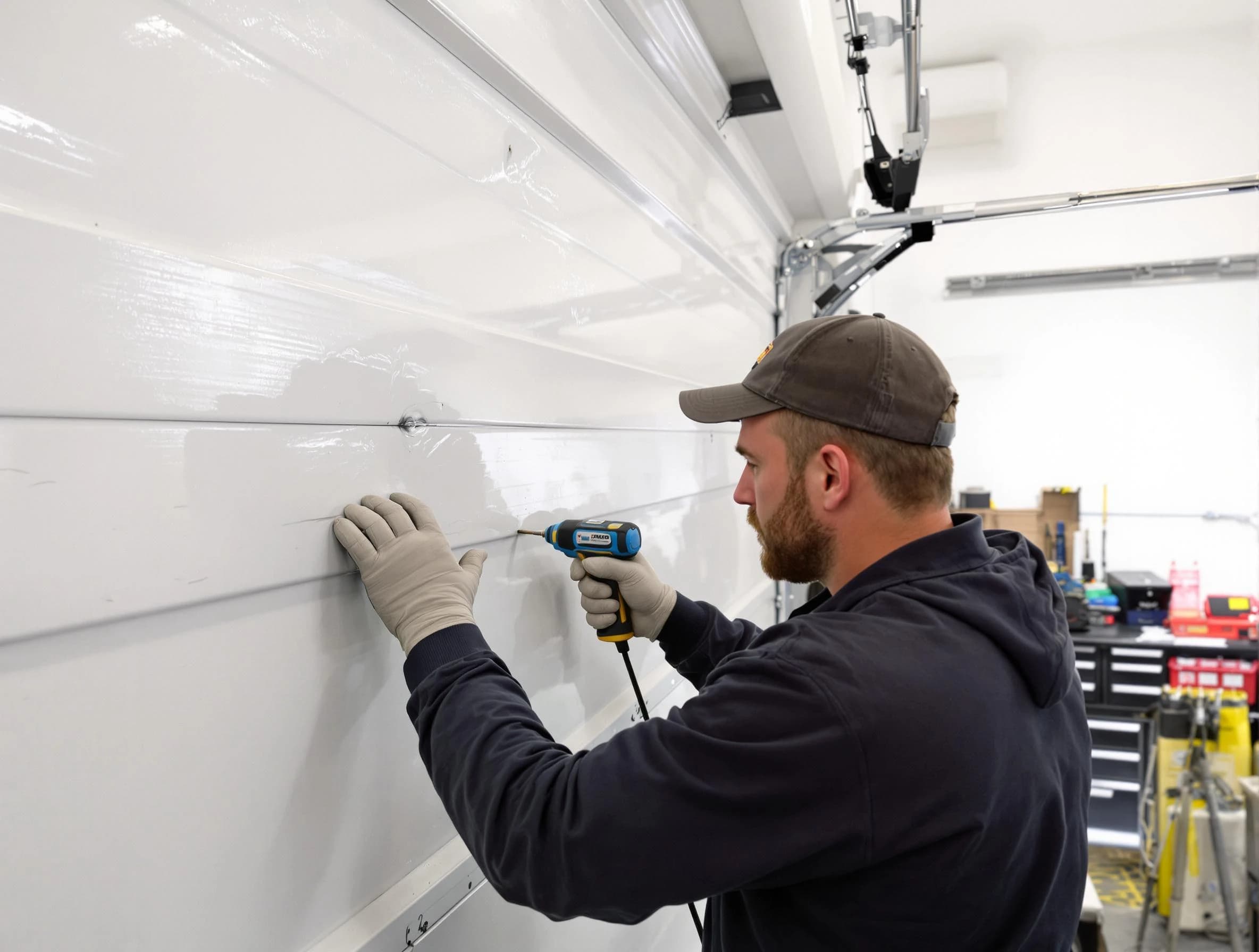 Jupiter Garage Door Repair technician demonstrating precision dent removal techniques on a Jupiter garage door